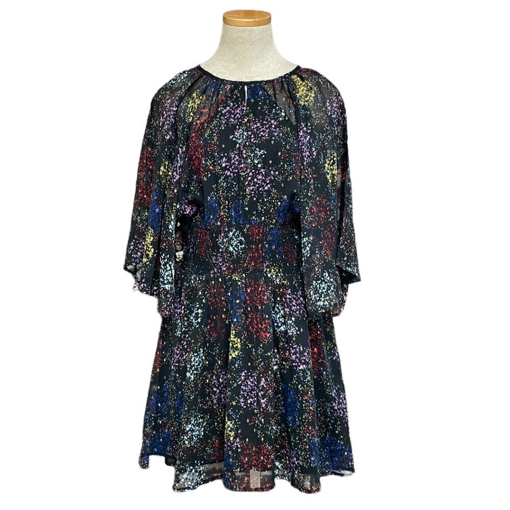 Free People Sheer Mini Dress Flowy Sleeves Shirred Black Size Medium Open Back - Picture 1 of 17